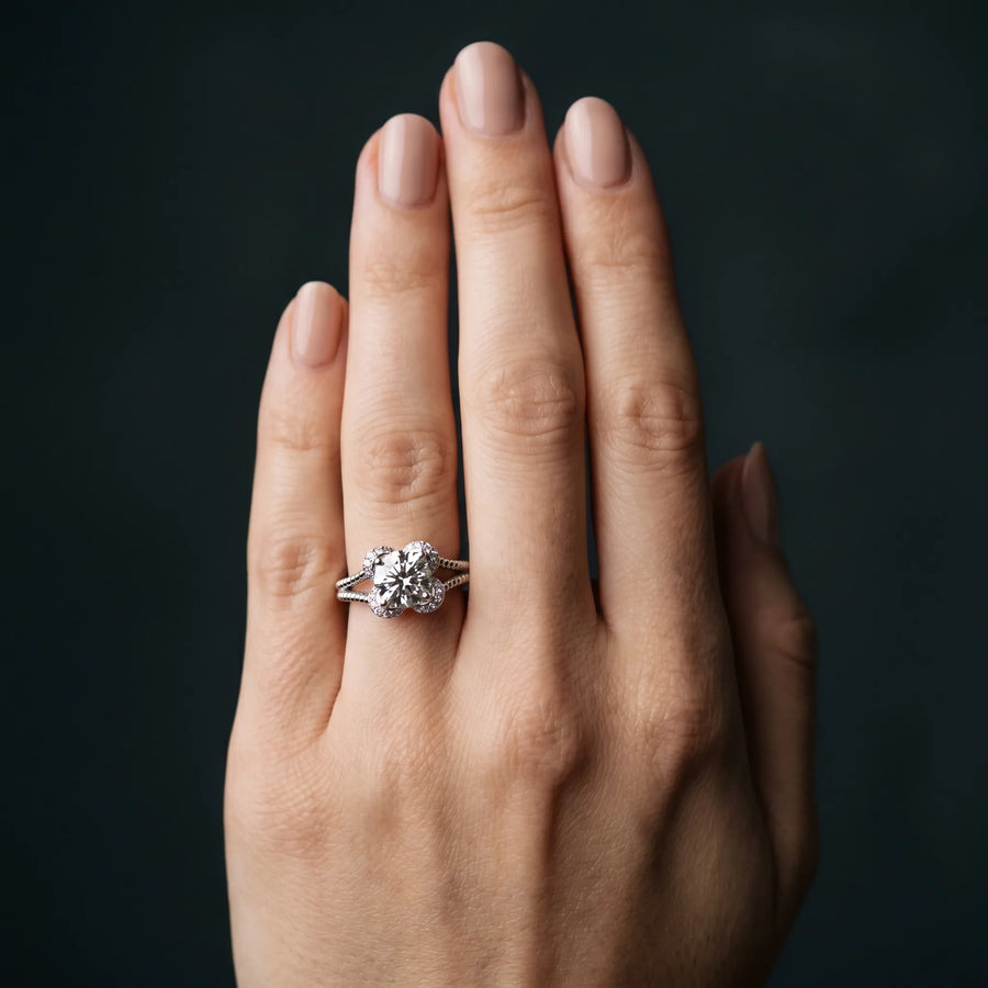 White gold Round Halo Milgrain Solitaire with Split Shank and Four-Prong Setting