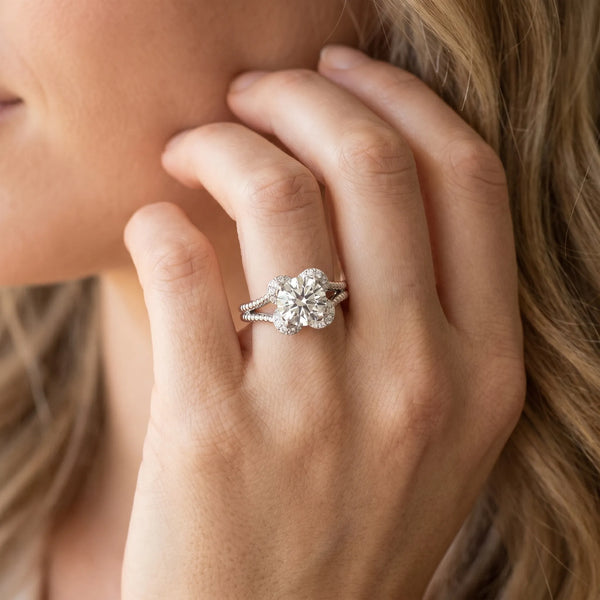 White gold Round Halo Milgrain Solitaire with Split Shank and Four-Prong Setting