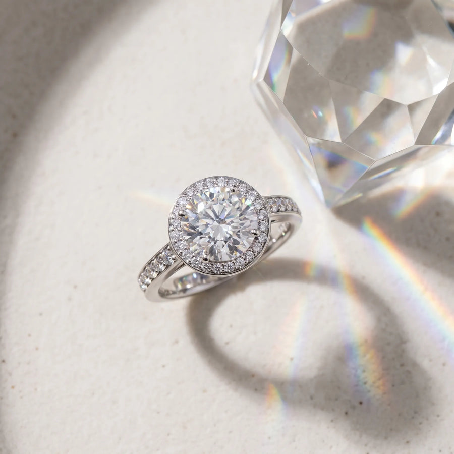 White gold Round Halo Pavé Diamond Engagement Ring with Bezel Setting