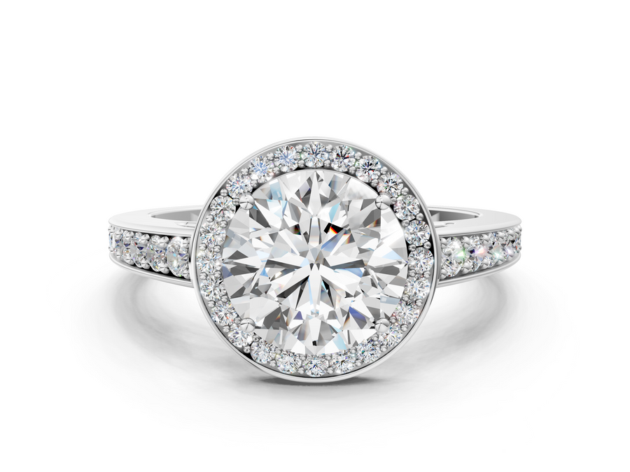 White gold Round Halo Pavé Diamond Engagement Ring with Bezel Setting