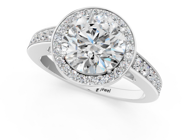White gold Round Halo Pavé Diamond Engagement Ring with Bezel Setting