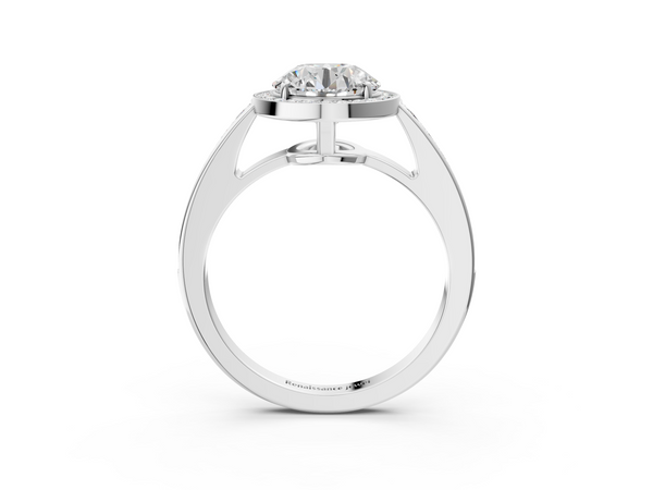 White gold Round Halo Pavé Diamond Engagement Ring with Bezel Setting