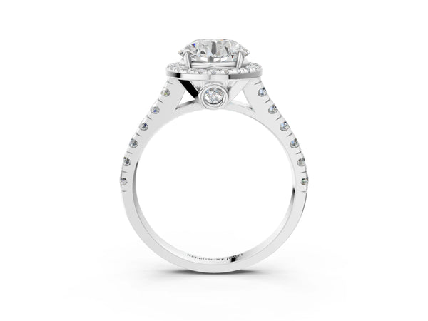 White gold Round Halo Pavé Diamond Engagement Ring with Four-Prong Setting