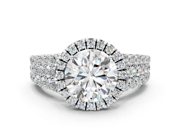 White gold Round Halo Pavé Diamond Engagement Ring with Split Shank and Four-Prong Setting