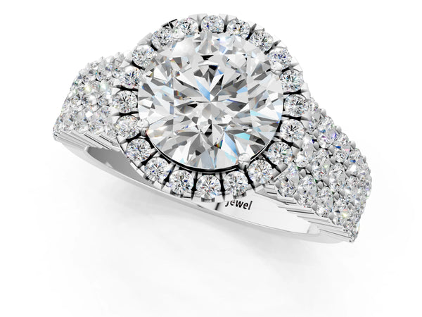 White gold Round Halo Pavé Diamond Engagement Ring with Split Shank and Four-Prong Setting