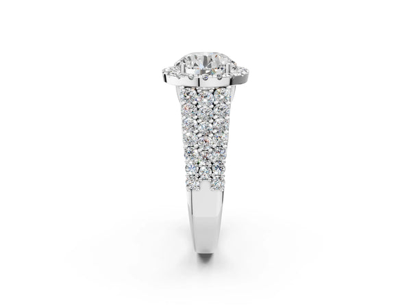 White gold Round Halo Pavé Diamond Engagement Ring with Split Shank and Four-Prong Setting
