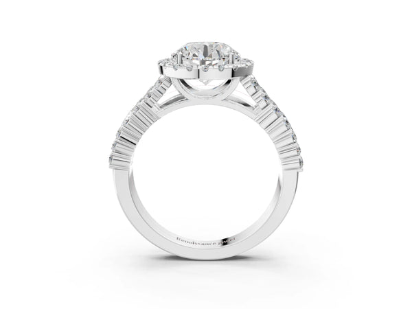 White gold Round Halo Pavé Diamond Engagement Ring with Split Shank and Four-Prong Setting