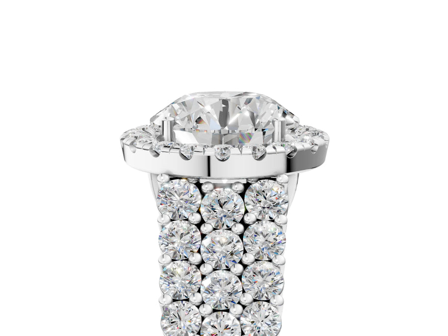 White gold Round Halo Pavé Diamond Engagement Ring with Split Shank and Four-Prong Setting