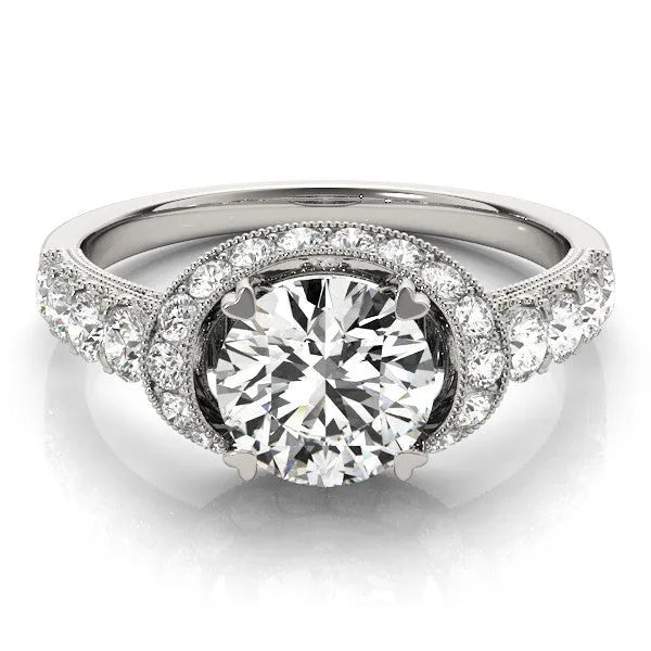 White gold Round Halo Pavé Split Shank Heart Prong Ring