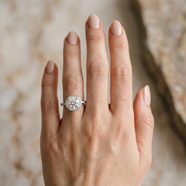 White gold Round Halo Pave Band Solitaire Ring with Prong Setting