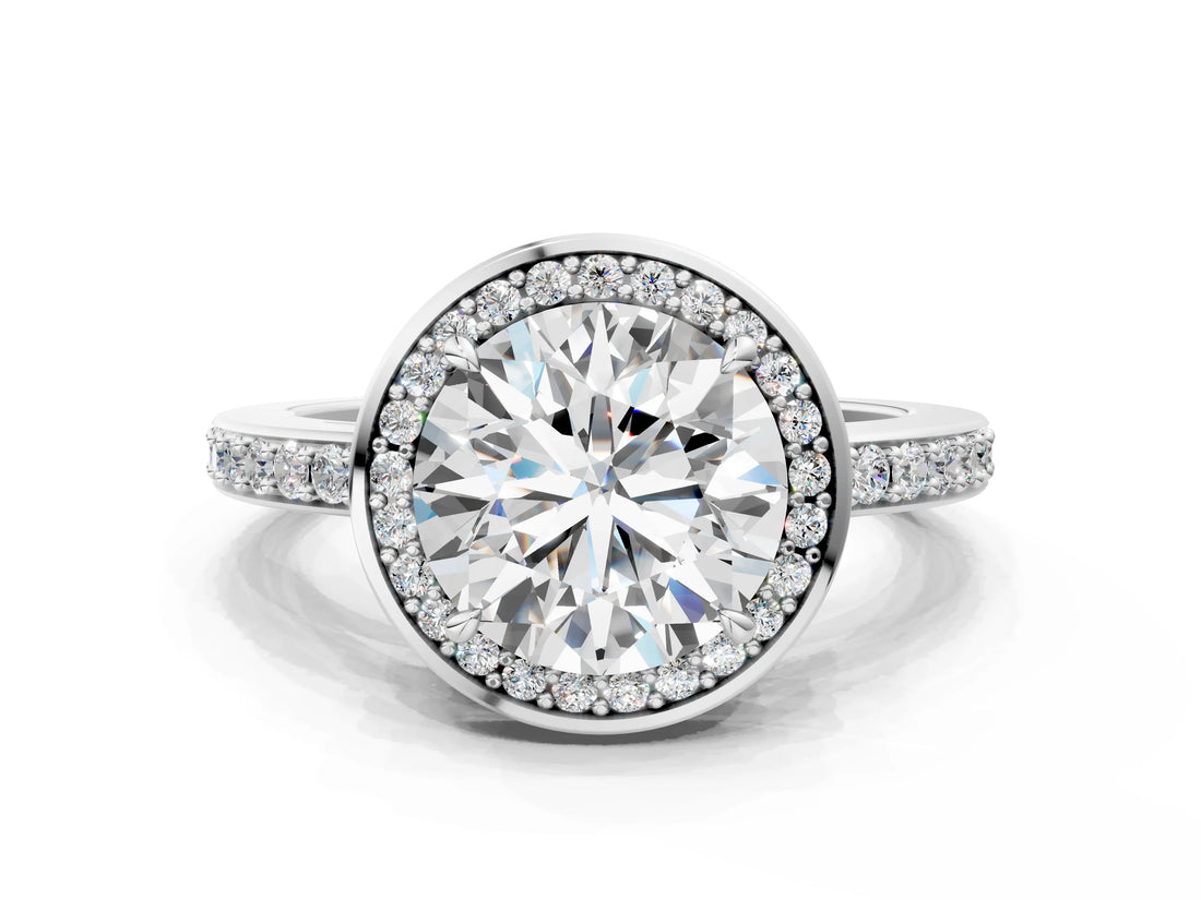 White gold Round Halo Pave Band Solitaire Ring with Prong Setting_82