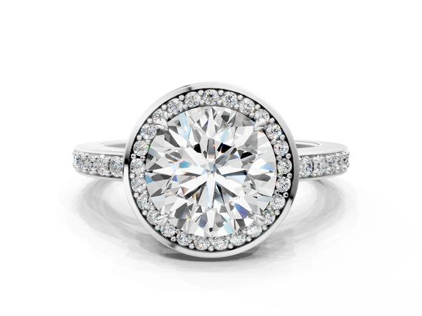 White gold Round Halo Pave Band Solitaire Ring with Prong Setting