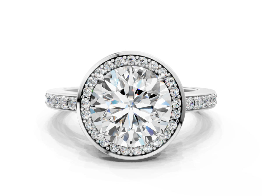 White gold Round Halo Pave Band Solitaire Ring with Prong Setting