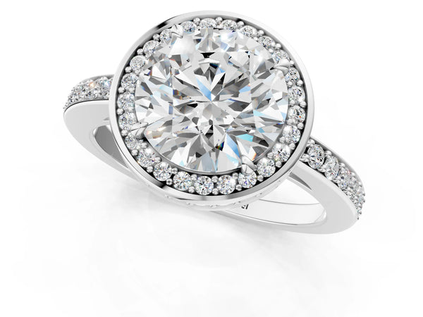 White gold Round Halo Pave Band Solitaire Ring with Prong Setting
