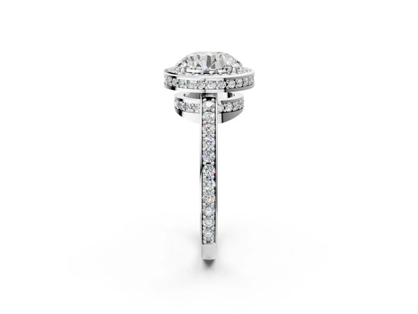 White gold Round Halo Pave Band Solitaire Ring with Prong Setting