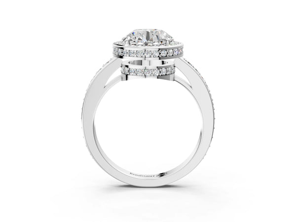White gold Round Halo Pave Band Solitaire Ring with Prong Setting