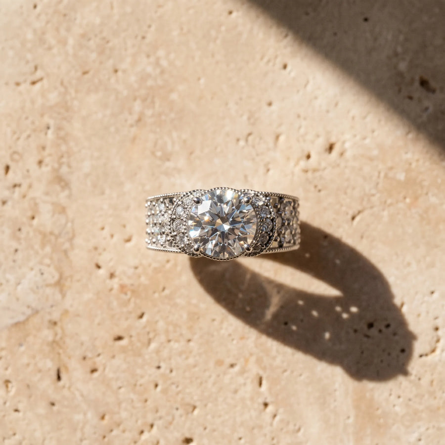 White gold Round Halo Pave Diamond Engagement Ring with Milgrain Detailing