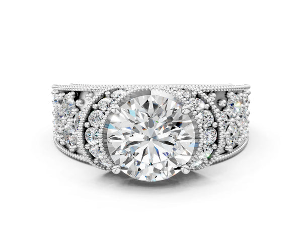 White gold Round Halo Pave Diamond Engagement Ring with Milgrain Detailing