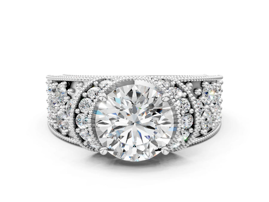 White gold Round Halo Pave Diamond Engagement Ring with Milgrain Detailing