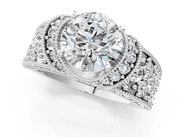 White gold Round Halo Pave Diamond Engagement Ring with Milgrain Detailing