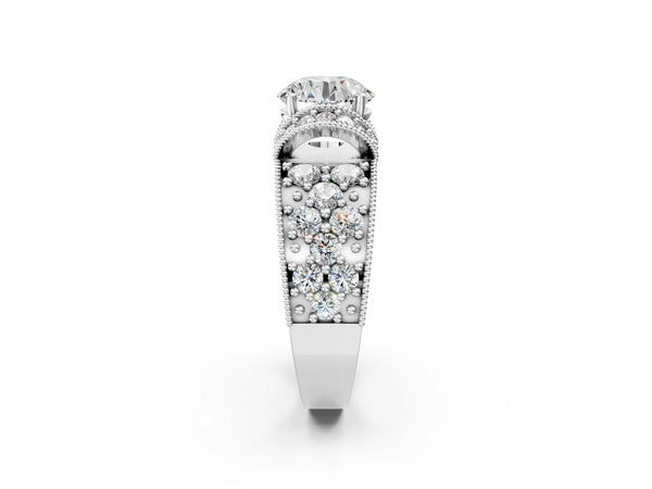 White gold Round Halo Pave Diamond Engagement Ring with Milgrain Detailing