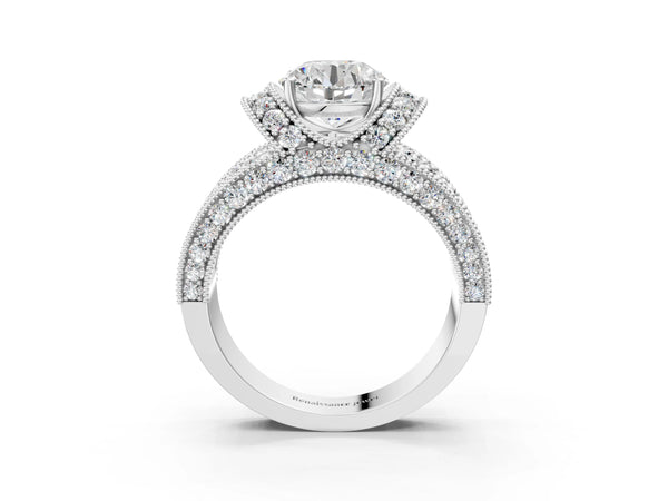 White gold Round Halo Pave Diamond Engagement Ring with Milgrain Detailing