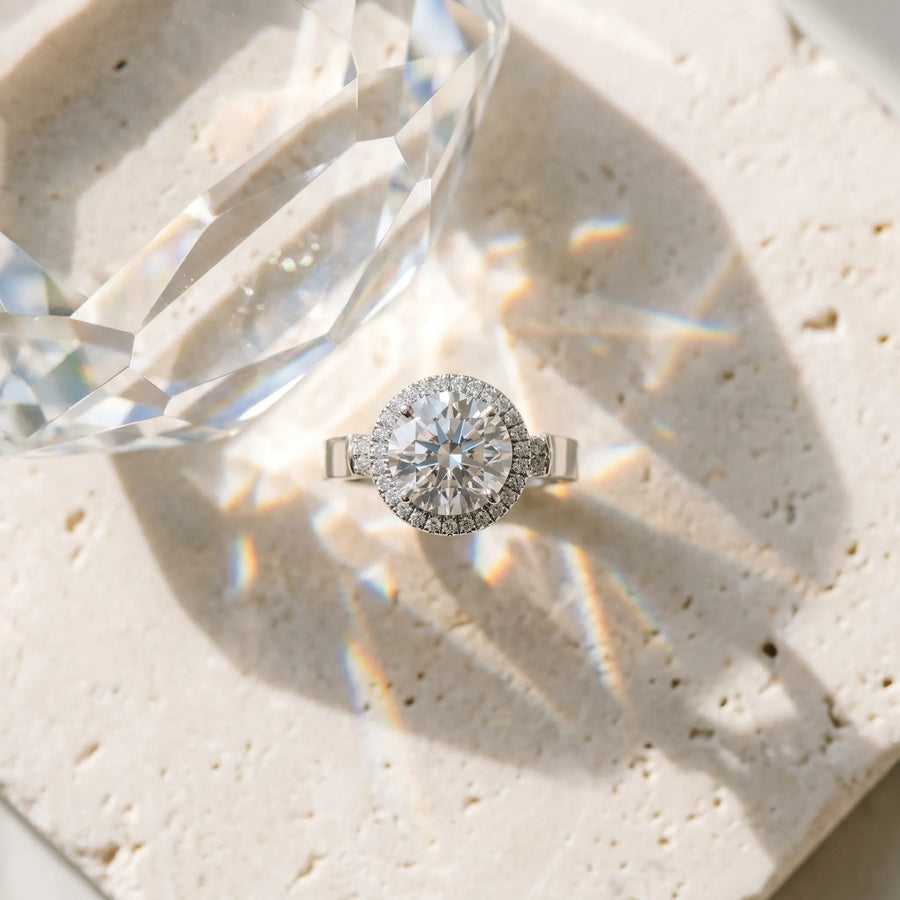 White gold Round Halo Pave Split Shank Prong Setting Ring