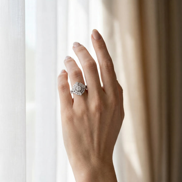 White gold Round Halo Pear Cluster Split Shank Prong Setting Ring