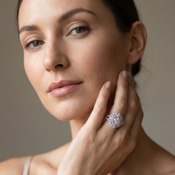 White gold Round Halo Pear Cluster Split Shank Prong Setting Ring