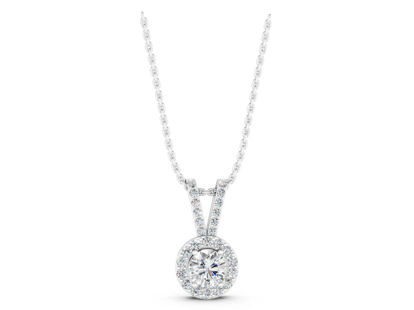 14K White Gold 1.71 Carat F VS1 Round Halo Pendant with Prong Setting