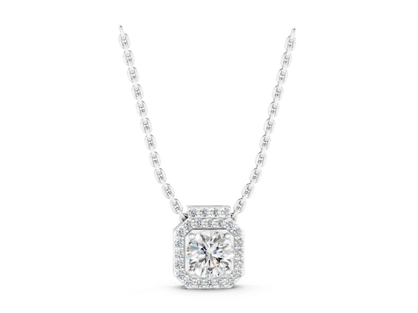 Silver Round Halo Prong-Set Diamond Pendant