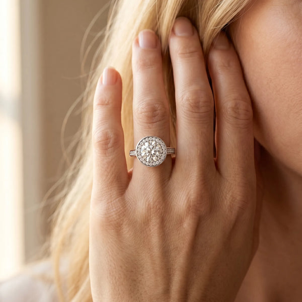 White gold Round Halo Solitaire Diamond Ring with Pave Band and Bezel Setting
