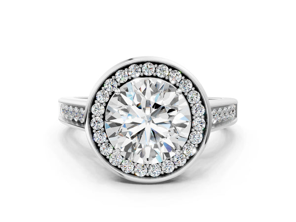 White gold Round Halo Solitaire Diamond Ring with Pave Band and Bezel Setting