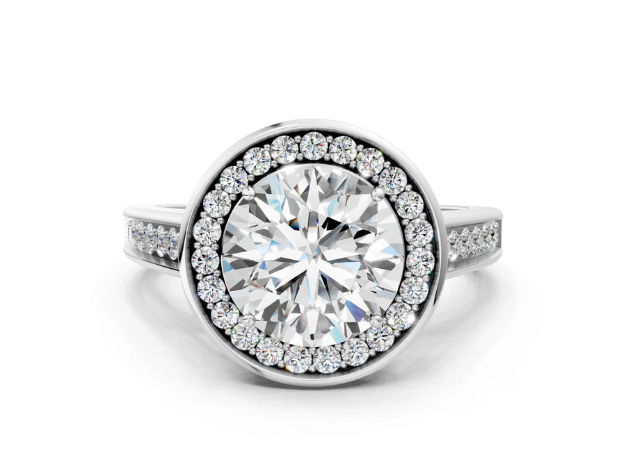 White gold Round Halo Solitaire Diamond Ring with Pave Band and Bezel Setting
