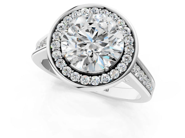 White gold Round Halo Solitaire Diamond Ring with Pave Band and Bezel Setting