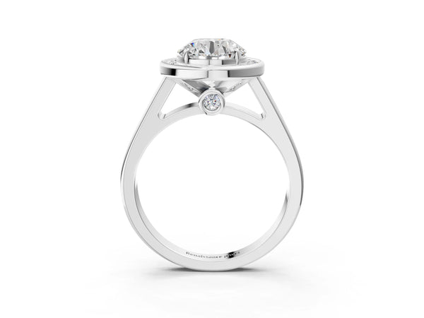 White gold Round Halo Solitaire Diamond Ring with Pave Band and Bezel Setting