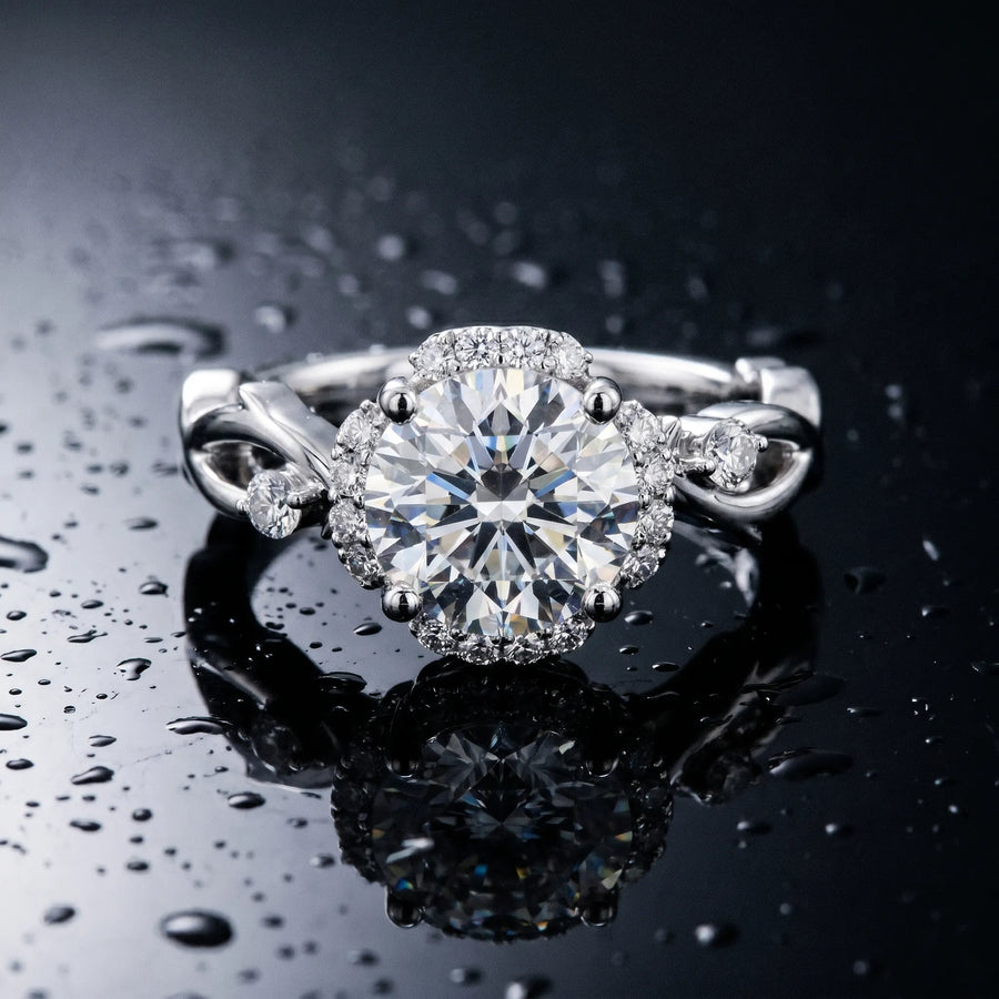 White gold Round Halo Solitaire Diamond Ring with Twisted Band and Four-Prong Setting