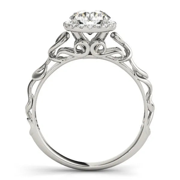 White gold Round Halo Solitaire with Scrollwork Band and Four-Prong Setting