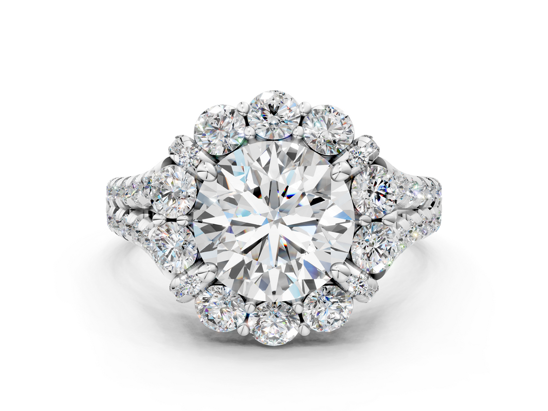 White gold Round Halo Split Shank Diamond Engagement Ring with Pave Band and Four-Prong Setting_76
