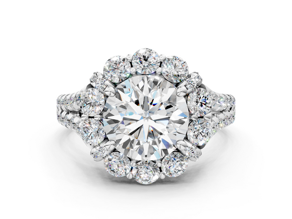 White gold Round Halo Split Shank Diamond Engagement Ring with Pave Band and Four-Prong Setting
