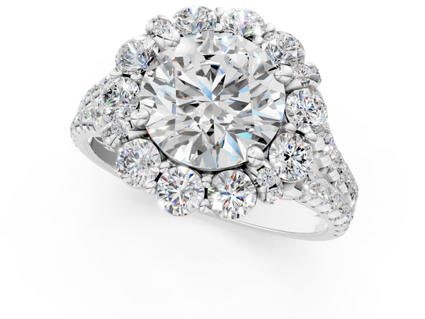 White gold Round Halo Split Shank Diamond Engagement Ring with Pave Band and Four-Prong Setting