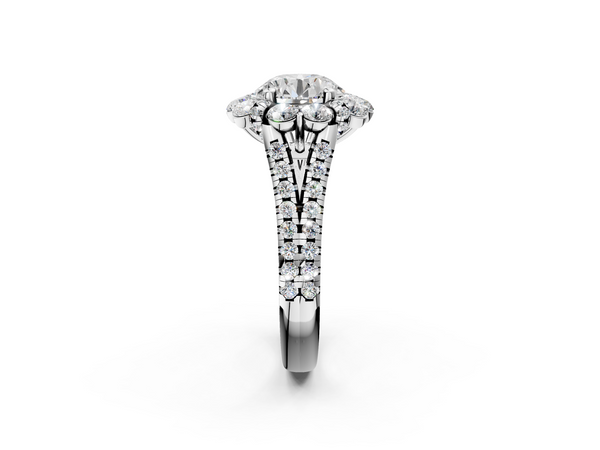 18K White Gold 3.04 Carat F VVS2 Round Halo Split Shank Diamond Engagement Ring with Pave Band and Four-Prong Setting