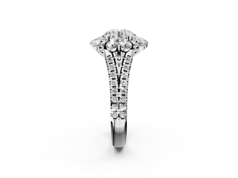 18K White Gold 3.04 Carat F VVS2 Round Halo Split Shank Diamond Engagement Ring with Pave Band and Four-Prong Setting