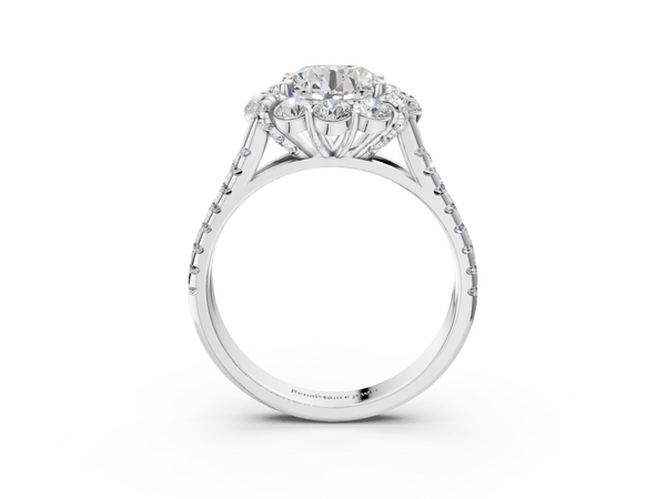 18K White Gold 3.04 Carat F VVS2 Round Halo Split Shank Diamond Engagement Ring with Pave Band and Four-Prong Setting
