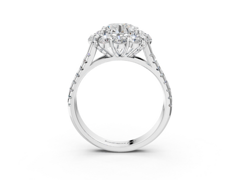 18K White Gold 3.04 Carat F VVS2 Round Halo Split Shank Diamond Engagement Ring with Pave Band and Four-Prong Setting