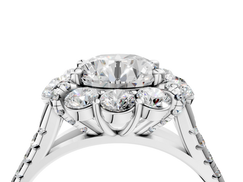 18K White Gold 3.04 Carat F VVS2 Round Halo Split Shank Diamond Engagement Ring with Pave Band and Four-Prong Setting
