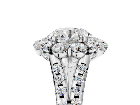 18K White Gold 3.04 Carat F VVS2 Round Halo Split Shank Diamond Engagement Ring with Pave Band and Four-Prong Setting