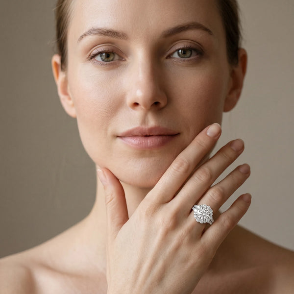 White gold Round Halo Split Shank Diamond Engagement Ring with Pave Band and Four-Prong Setting