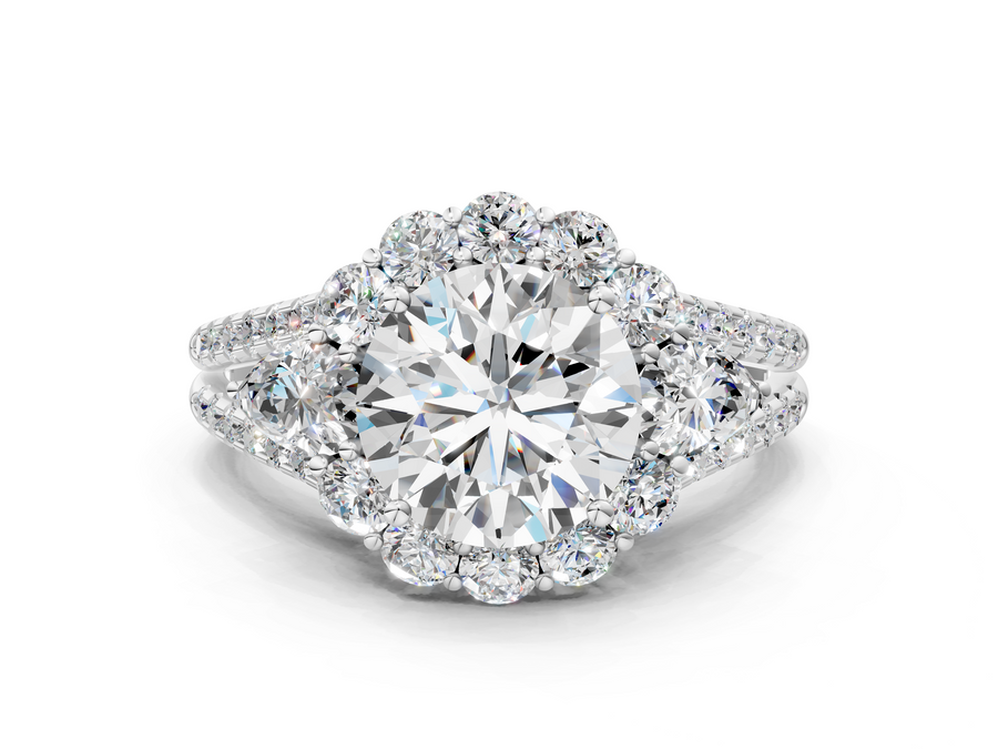 White gold Round Halo Split Shank Diamond Engagement Ring with Prong Setting