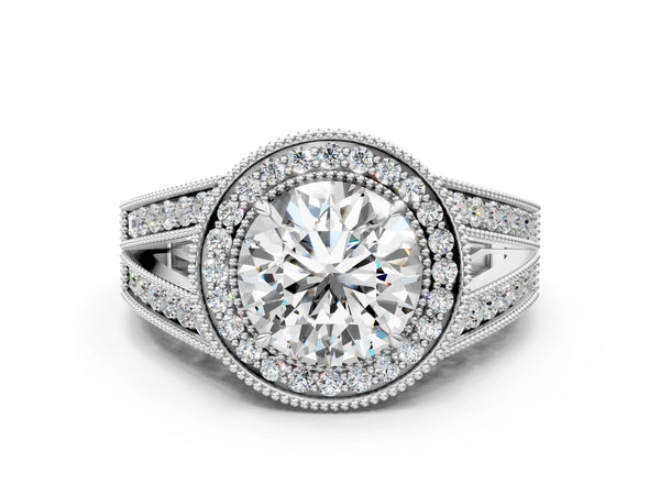 White gold Round Halo Split Shank Diamond Ring with Milgrain Prong Setting